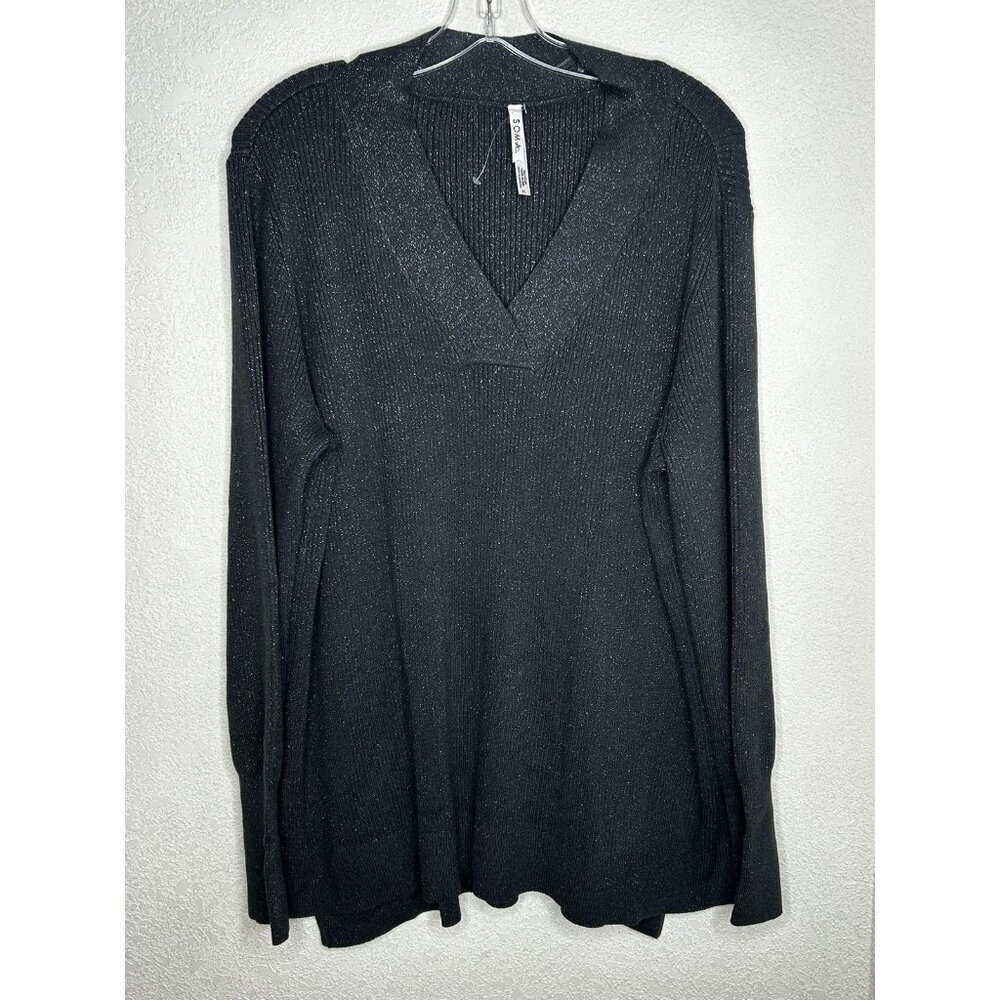 Soma Sweater Womens XL Gray Metallic Ribbed V Neck Tunic Lurex Pullover Stretch